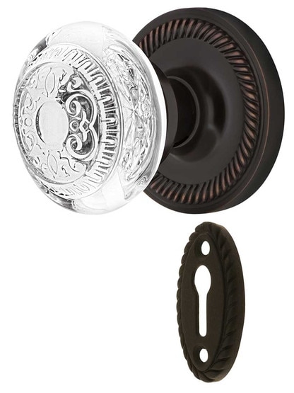Rope Rosette Mortise-Lock Set with Egg and Dart Crystal-Glass Knobs in Timeless Bronze.